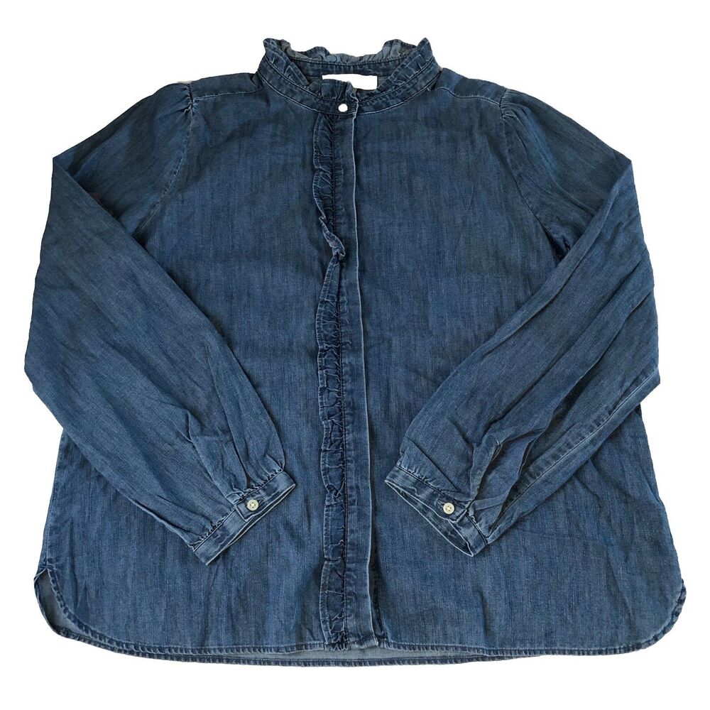 LOFT Ruffle Neck Denim Button Front Long Sleeve Chambray Blouse Size Large NWT